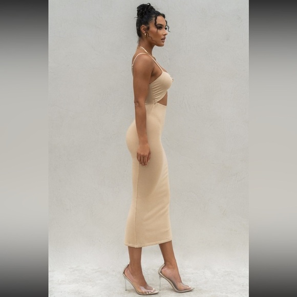 NEW JLUXLABEL Beige Midnight Memories Fitted Knot Cut Out Midi Dress - Picture 9 of 11